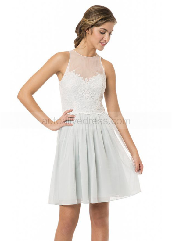 A-line Sheer Neckline Gray Lace Knee Length Prom Dress